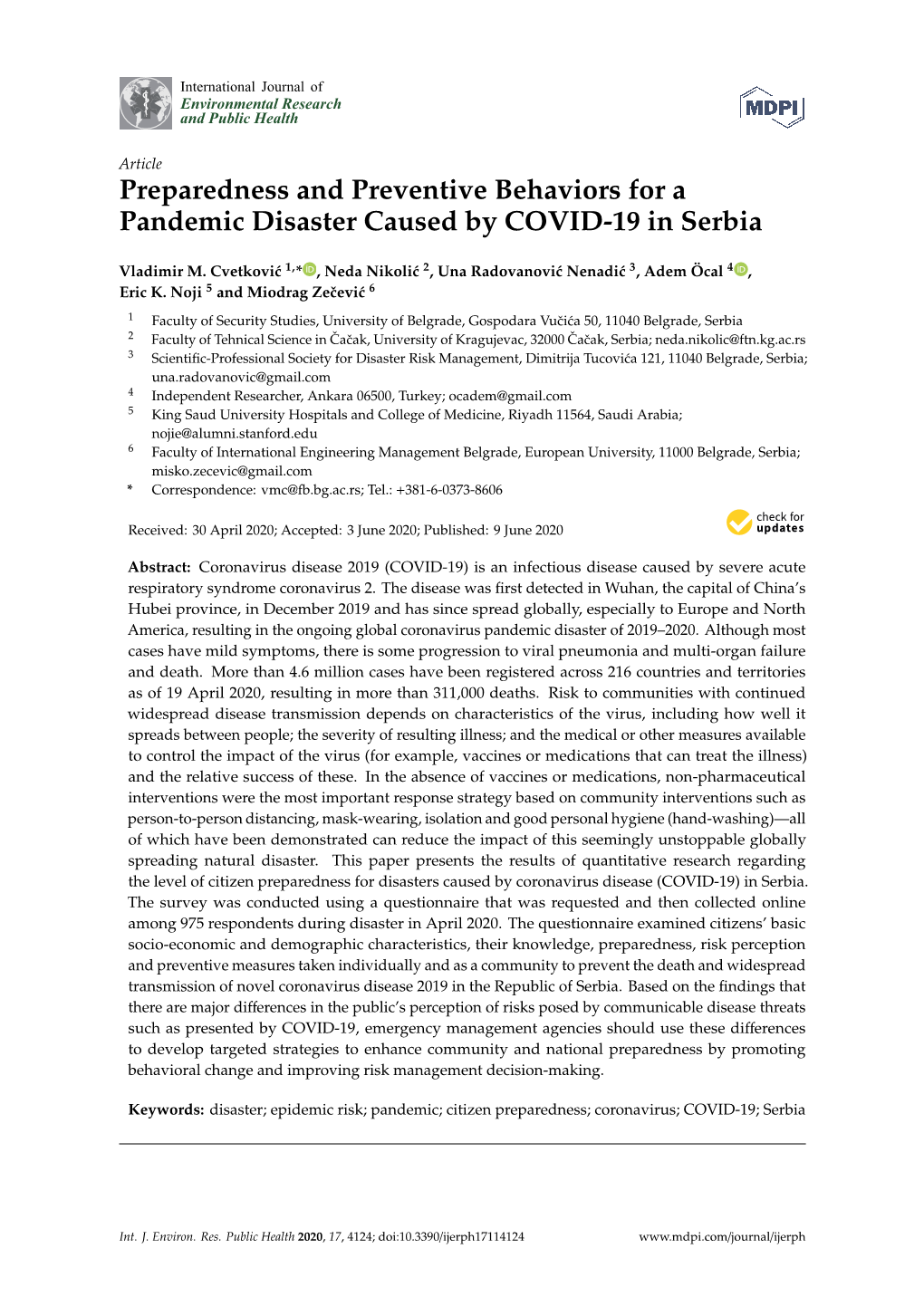 Preparedness and Preventive Behaviors for a Pandemic Disaster Caused by COVID-19 in Serbia