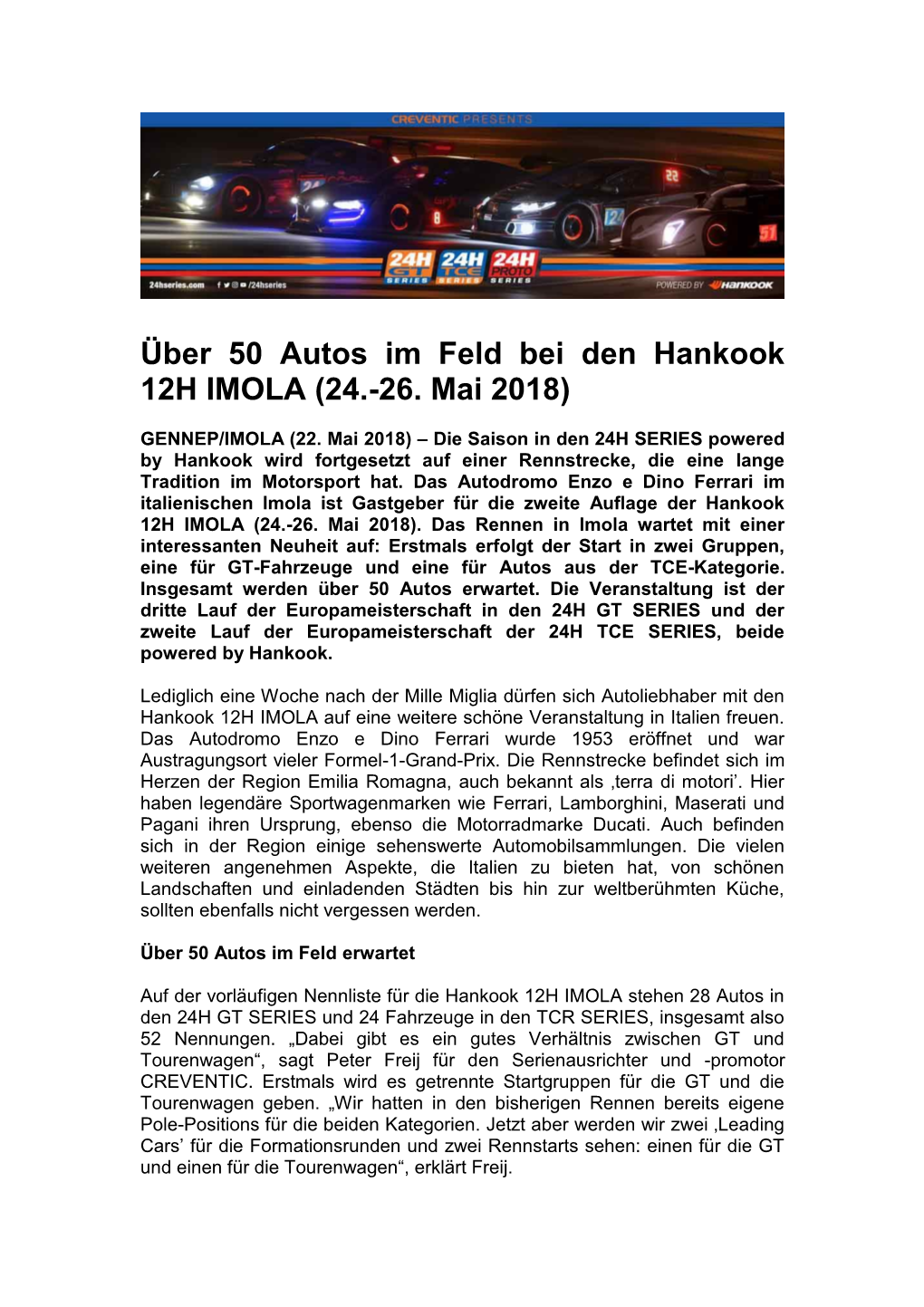 Über 50 Autos Im Feld Bei Den Hankook 12H IMOLA (24.-26