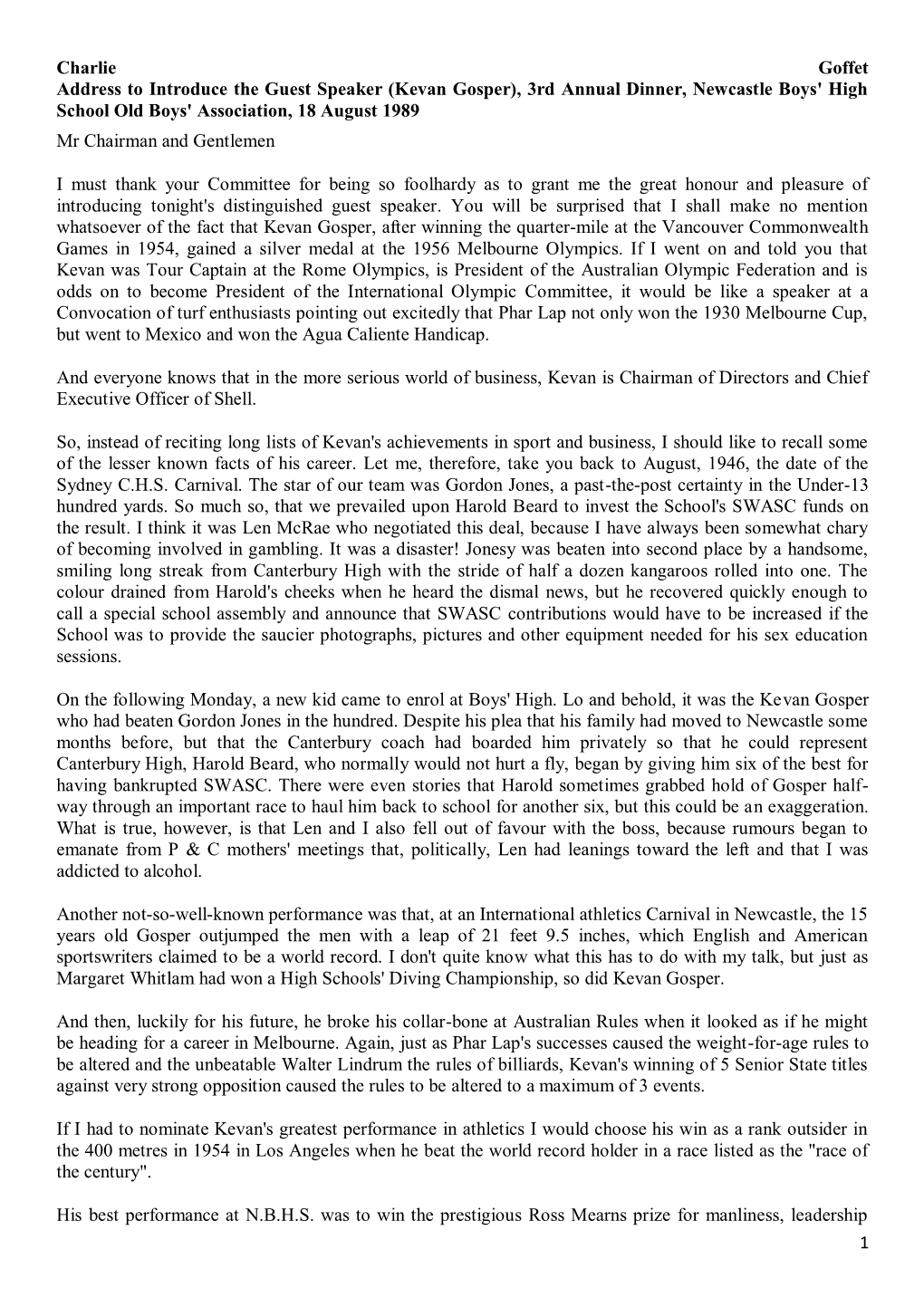 Kevan Gosper), 3Rd Annual Dinner, Newcastle Boys' High School Old Boys' Association, 18 August 1989 Mr Chairman and Gentlemen