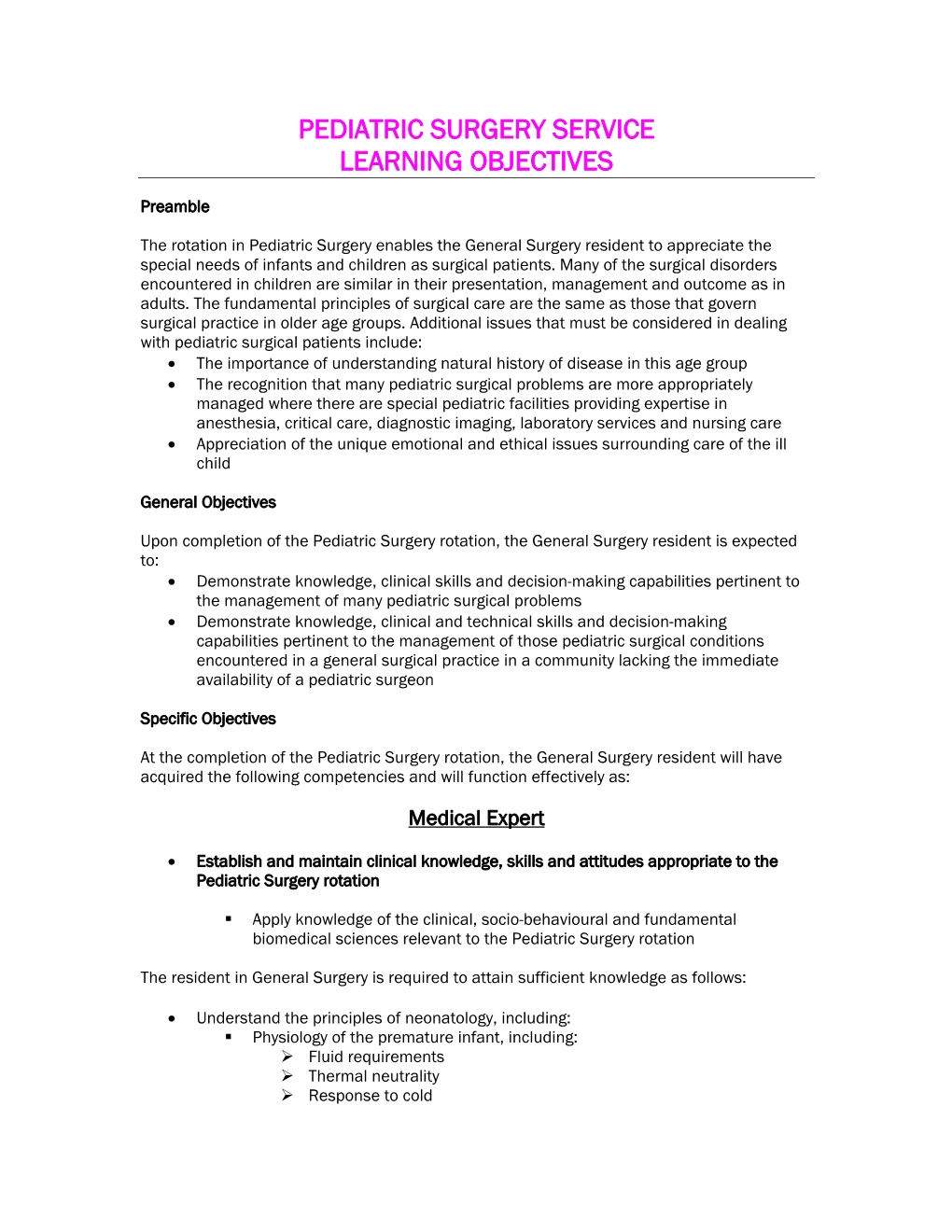 Pediatric Surgery Service Learning Objectives