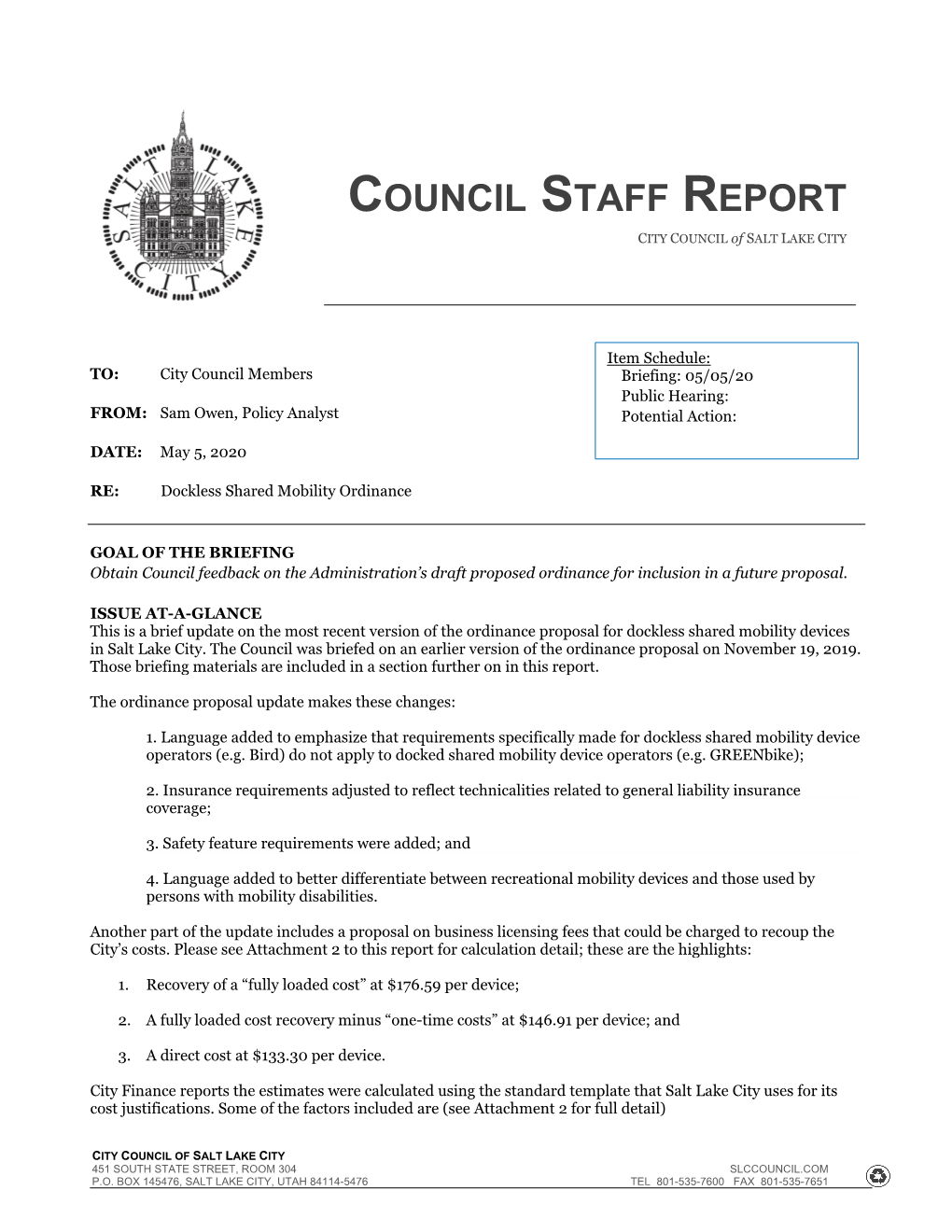COUNCIL STAFF REPORT CITY COUNCIL of SALT LAKE CITY