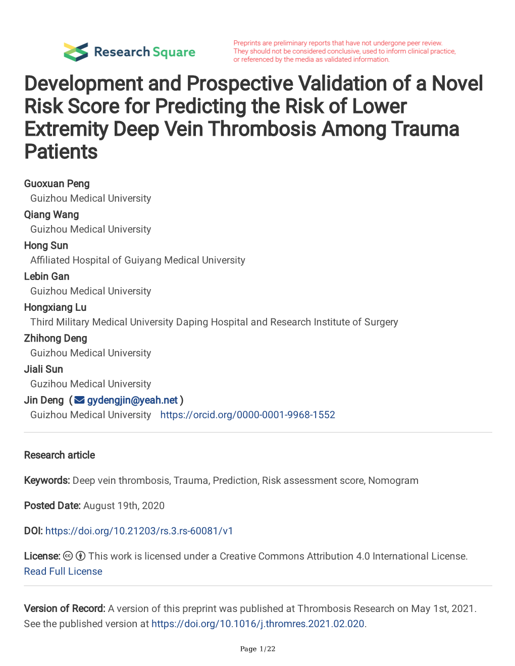 Development and Prospective Validation of a Novel Risk Score for Predicting the Risk of Lower Extremity Deep Vein Thrombosis Among Trauma Patients