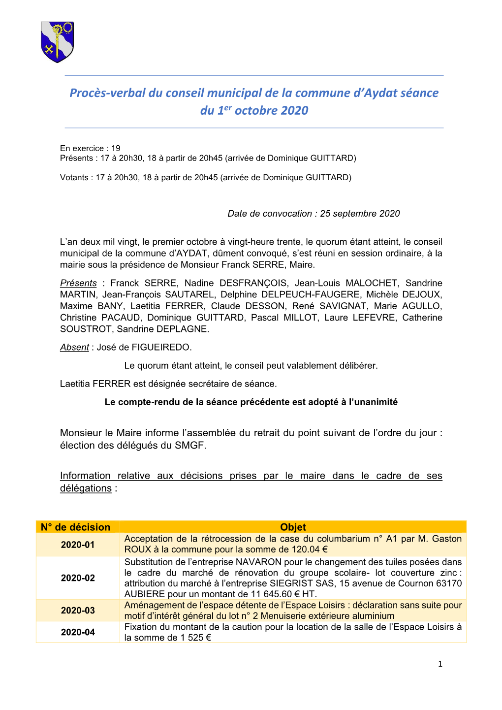 Procès-Verbal Du Conseil Municipal De La Commune D'aydat Séance Du 1Er