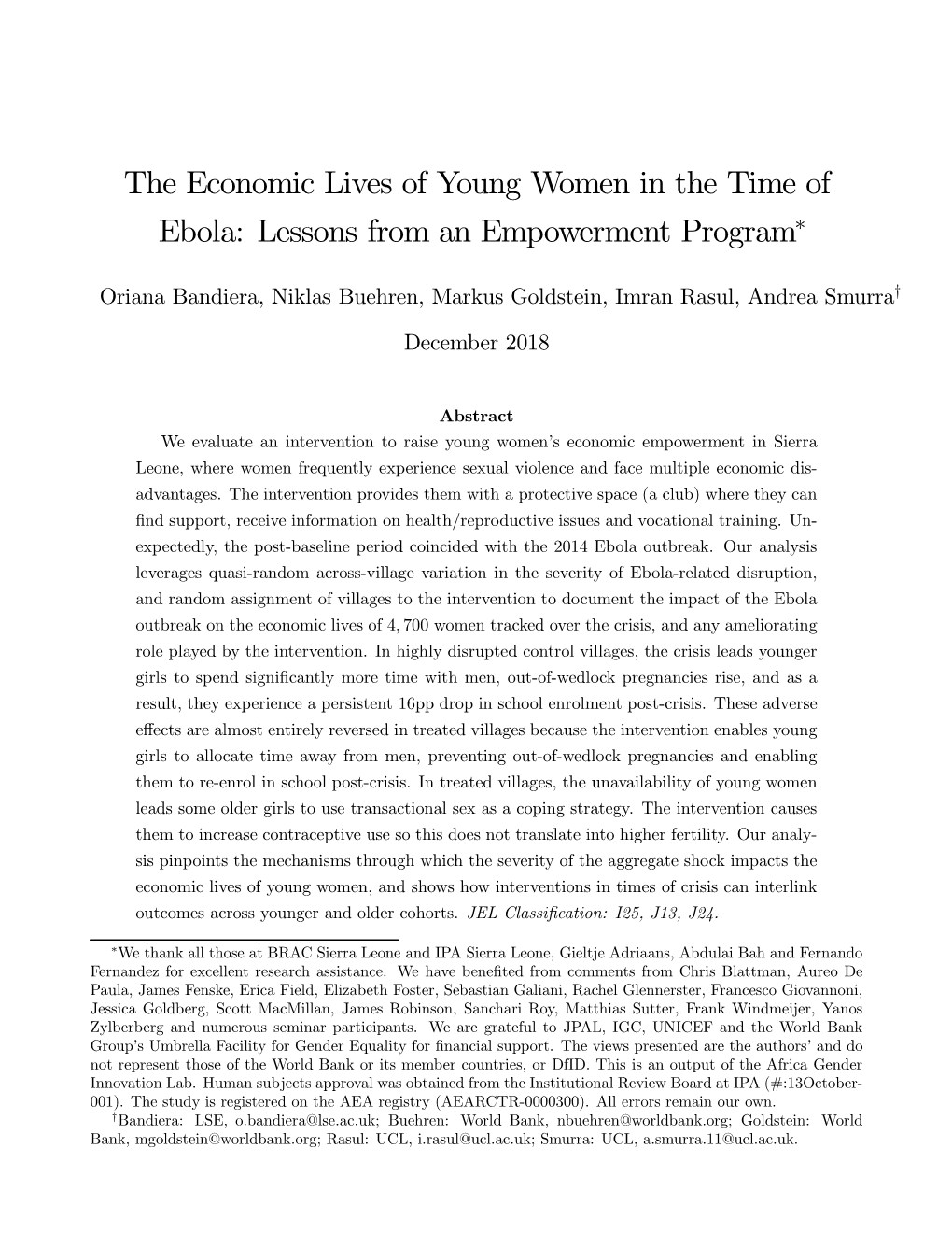 The Economic Lives of Young Women in the Time Of