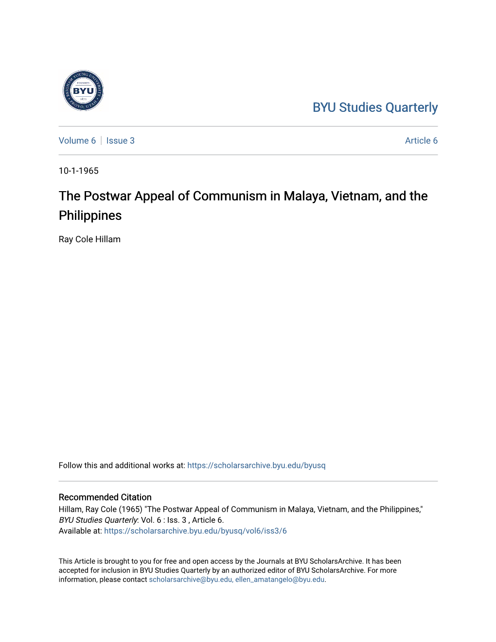 The Postwar Appeal of Communism in Malaya, Vietnam, and the Philippines