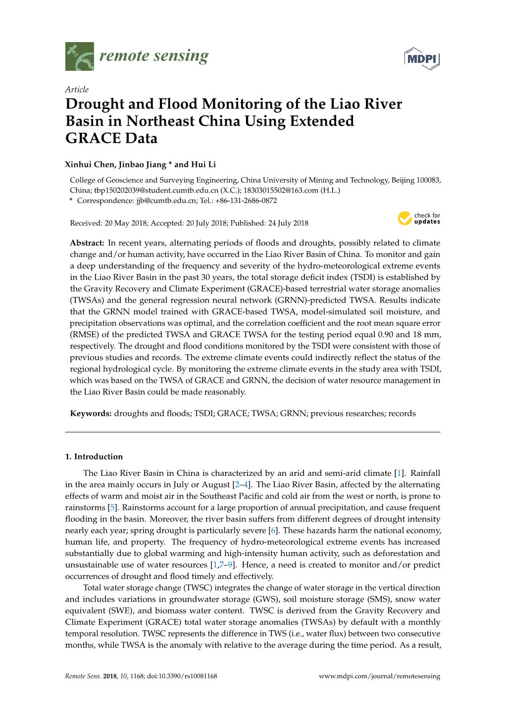 Drought and Flood Monitoring of the Liao River Basin in Northeast China Using Extended GRACE Data