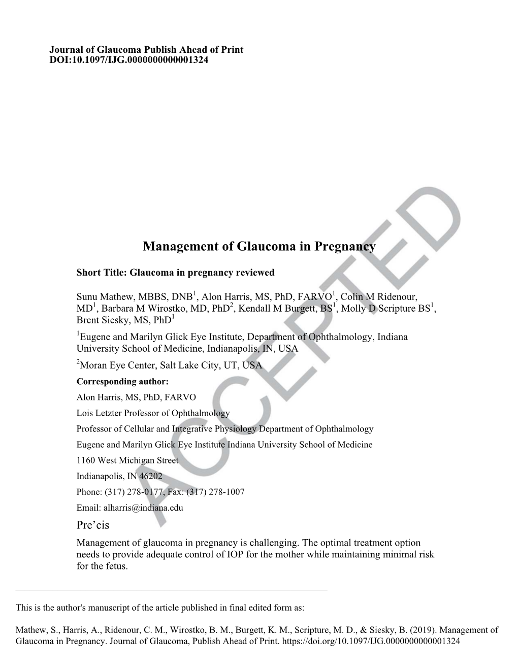 Management of Glaucoma in Pregnancy