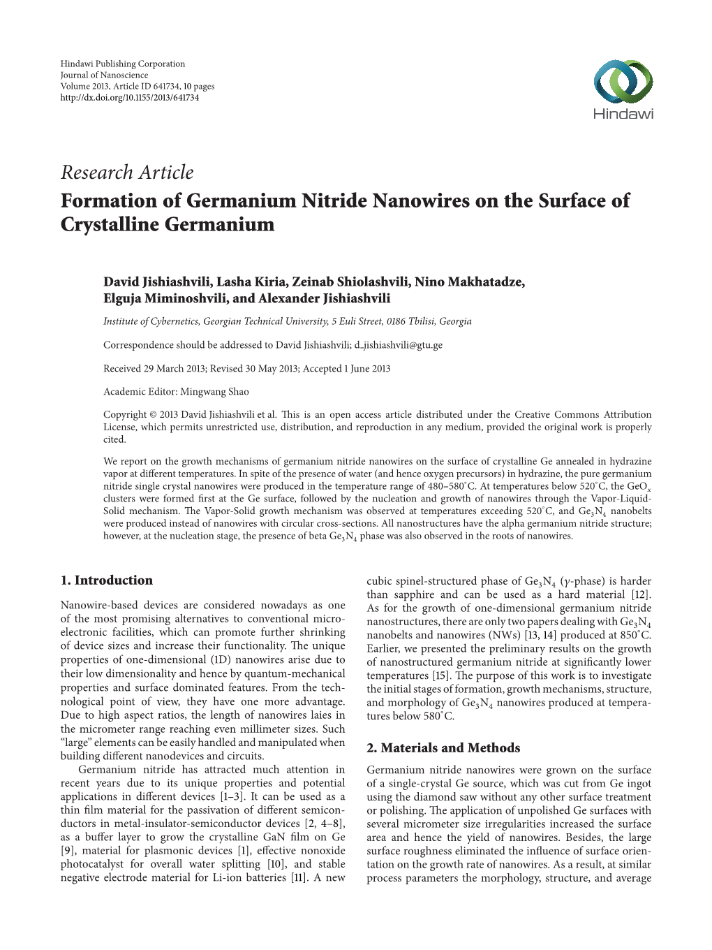 Formation of Germanium Nitride Nanowires on the Surface of Crystalline Germanium