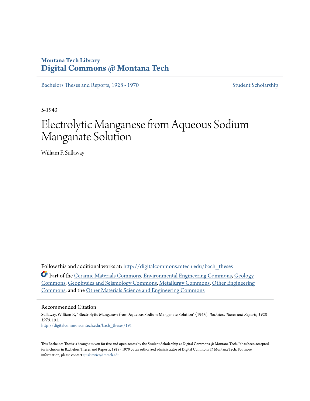 Electrolytic Manganese from Aqueous Sodium Manganate Solution William F
