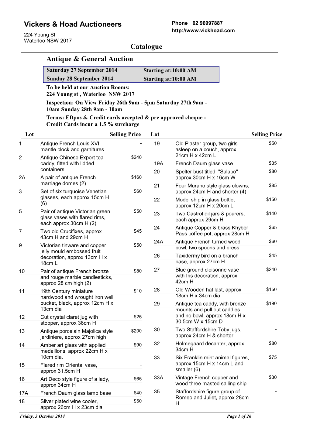 Catalogue Antique & General Auction Vickers & Hoad Auctioneers