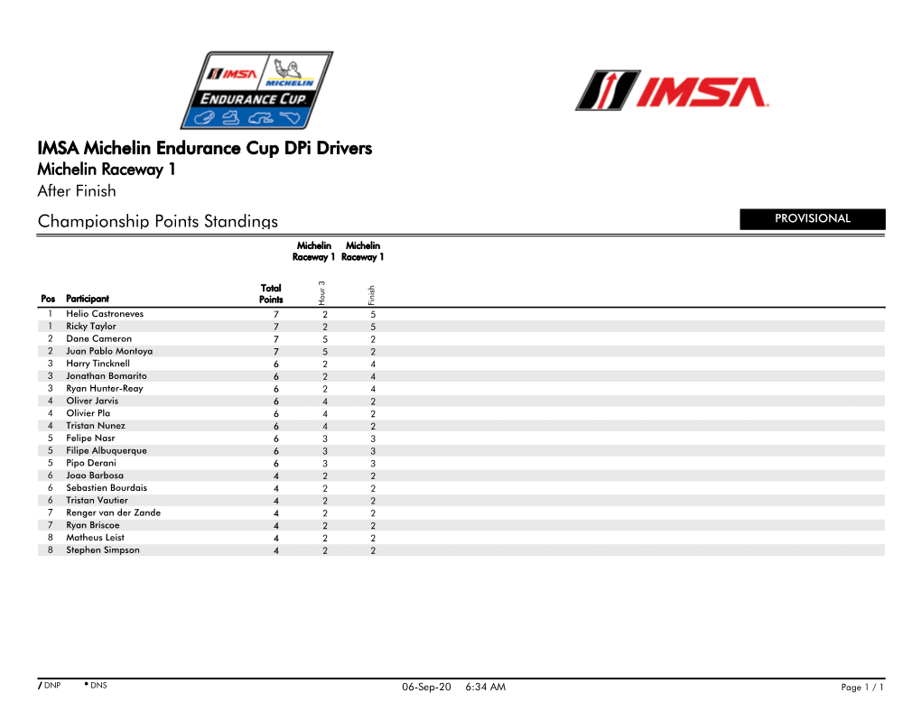 Championship Points Standings IMSA Michelin Endurance Cup Dpi Drivers