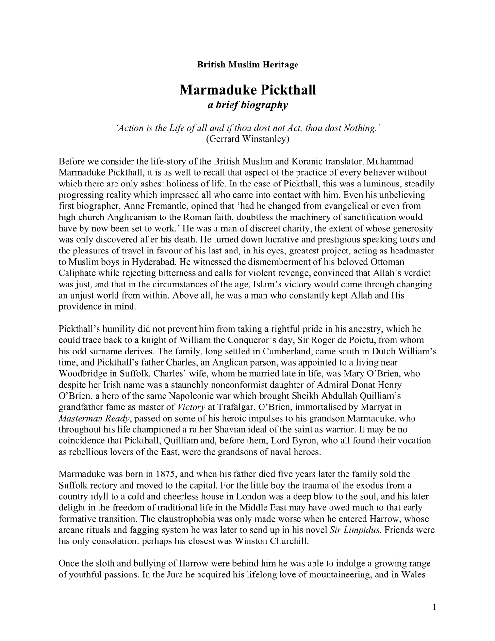 Marmaduke Pickthall a Brief Biography