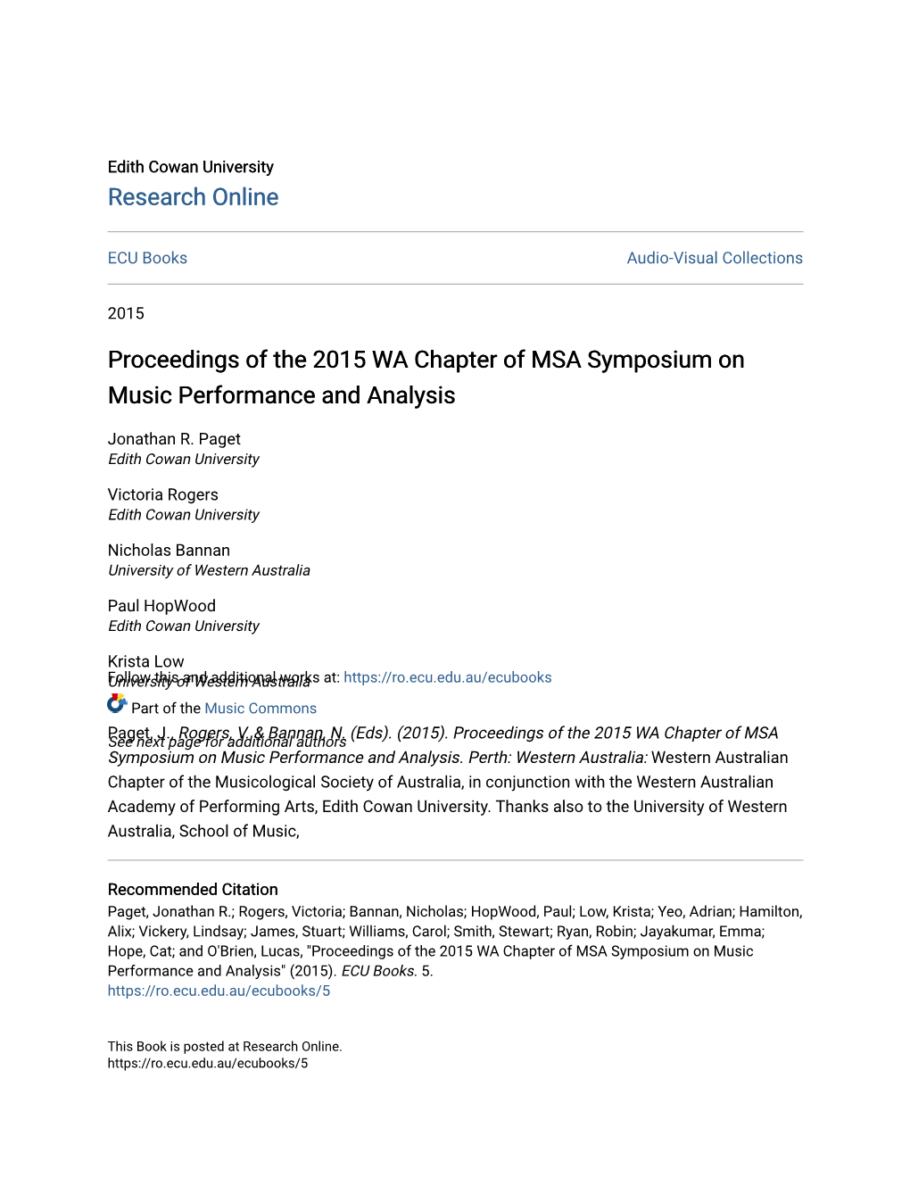 Proceedings of the 2015 WA Chapter of MSA Symposium on Music Performance and Analysis