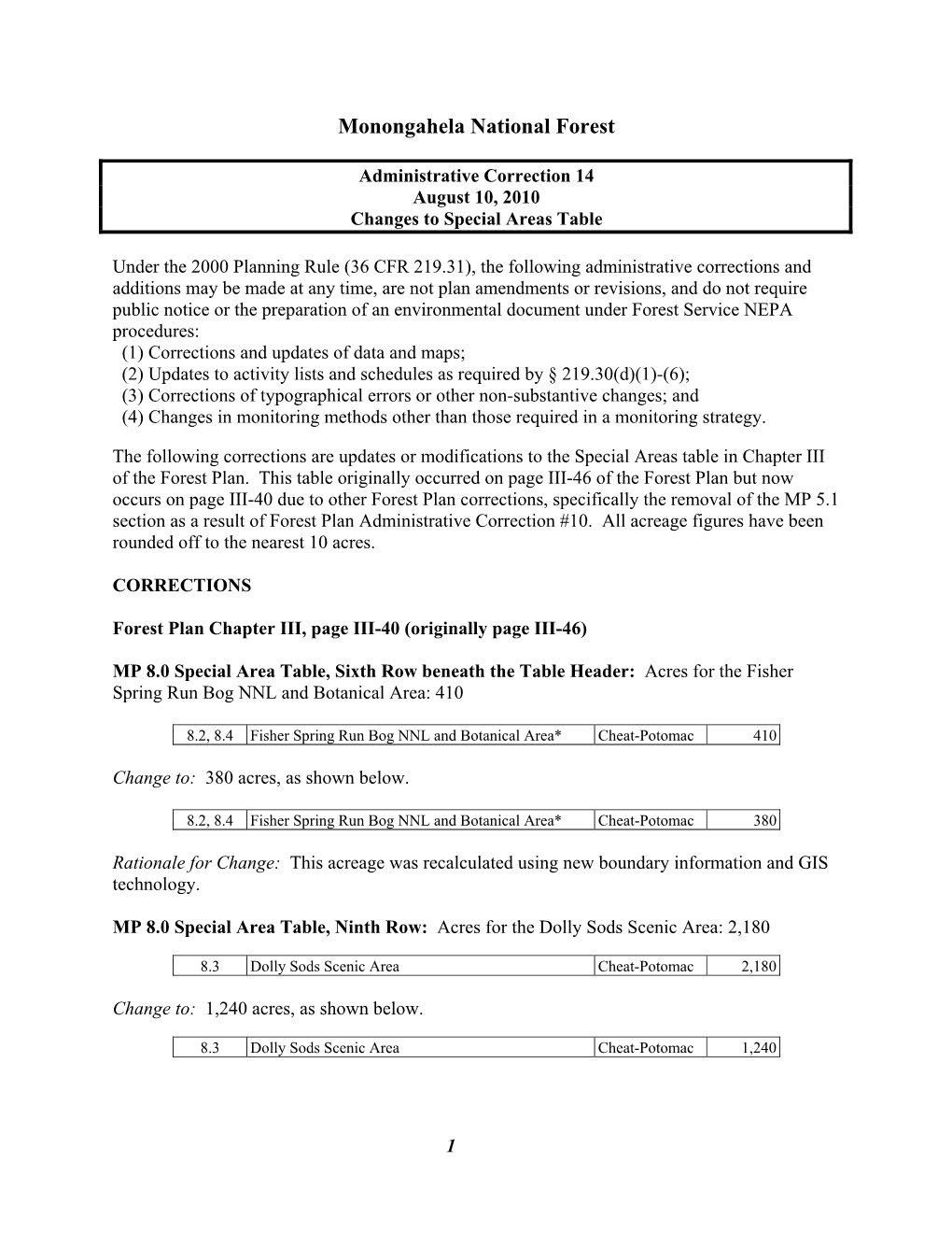 Administrative Correction 14 August 10, 2010 Changes to Special Areas Table