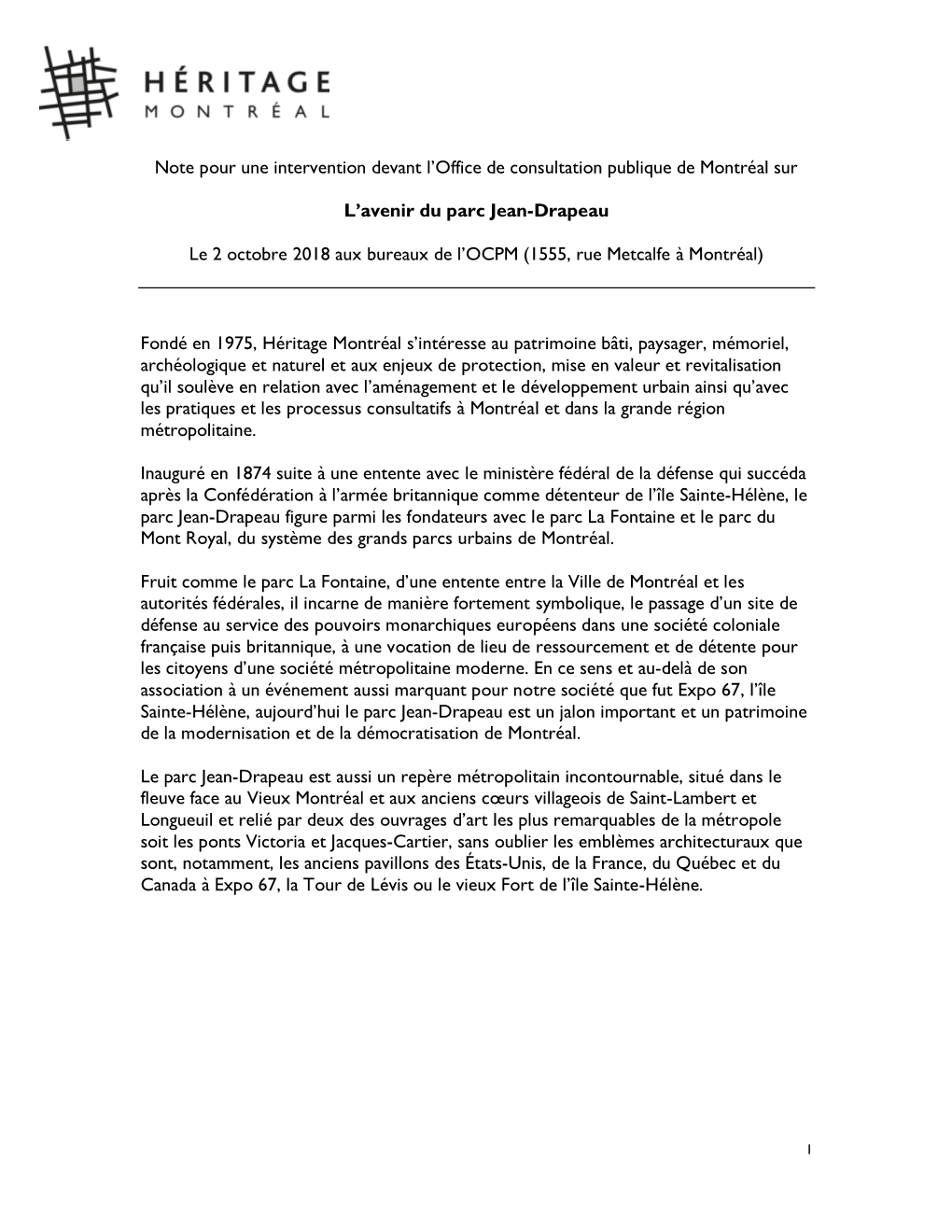 Note Pour Une Intervention Devant L'office De Consultation Publique De Montréal Sur L'avenir Du Parc Jean-Drapeau Le 2