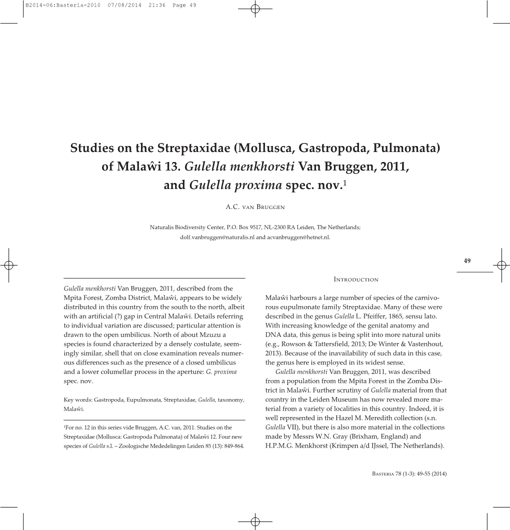 Studies on the Streptaxidae (Mollusca, Gastropoda, Pulmonata) of Malaŵi 13. Gulella Menkhorsti Van Bruggen, 2011, and Gulella P