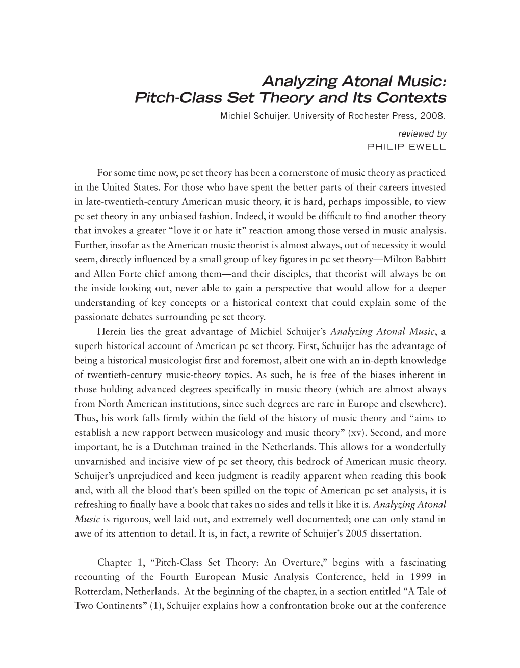 Analyzing Atonal Music: Pitch-Class Set Theory and Its Contexts Michiel Schuijer