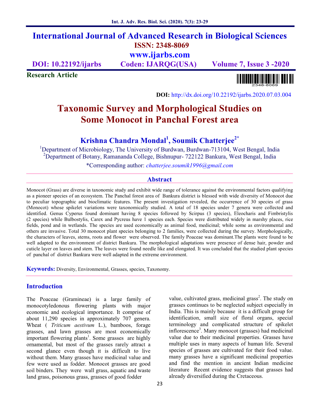 Taxonomic Survey and Morphological Studies on Some Monocot in Panchal Forest Area