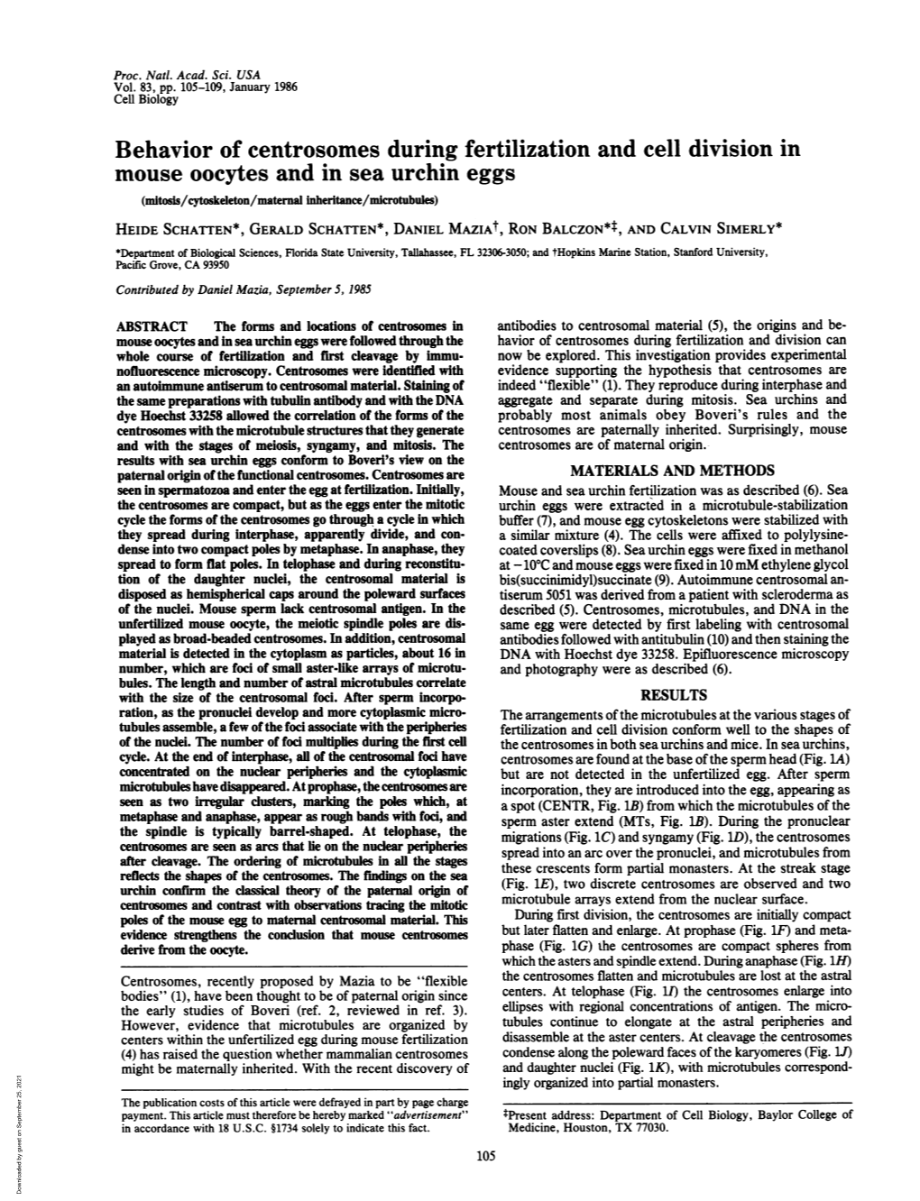 Behavior of Centrosomes During Fertilization and Cell Division