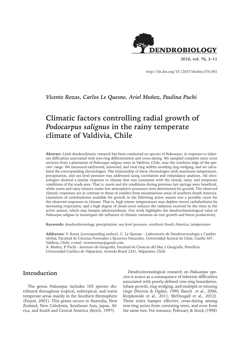 Climatic Factors Controlling Radial Growth of Podocarpus Salignus in the Rainy Temperate Climate of Valdivia, Chile