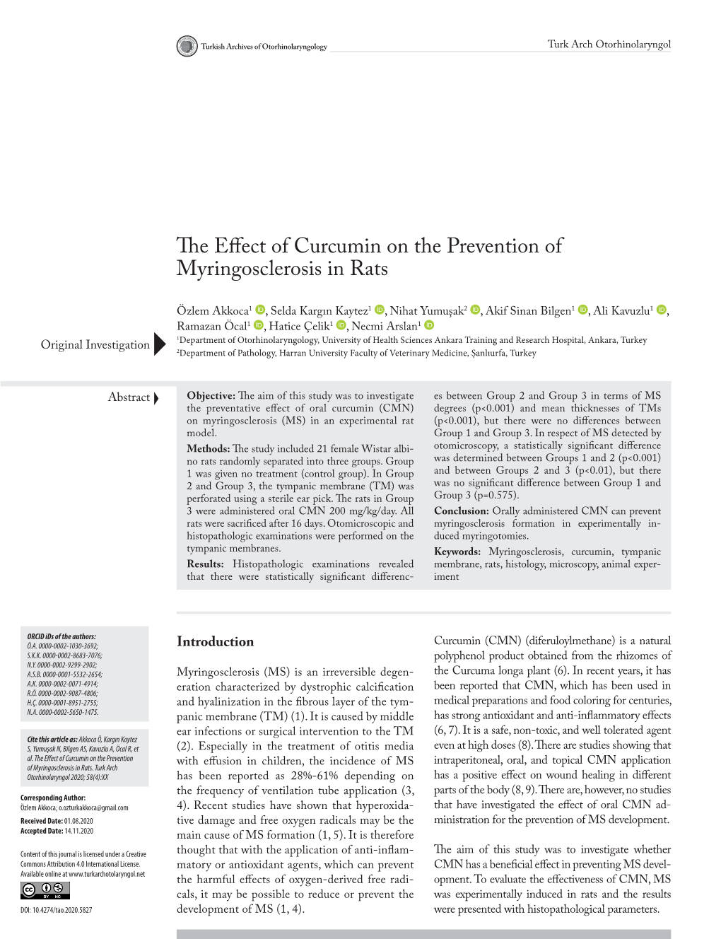 The Effect of Curcumin on the Prevention of Myringosclerosis in Rats