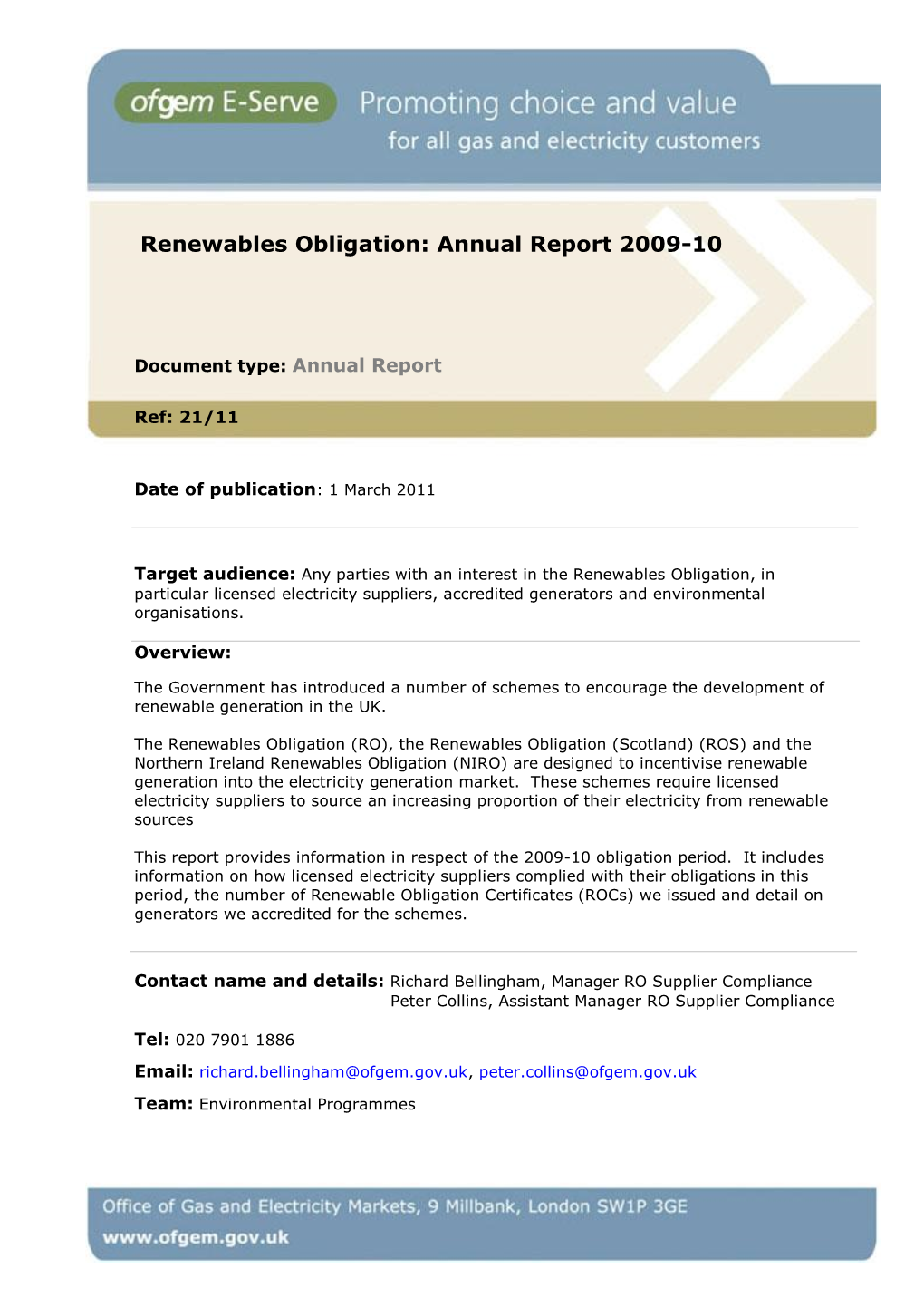 Renewables Obligation Annual Report 2009-2010