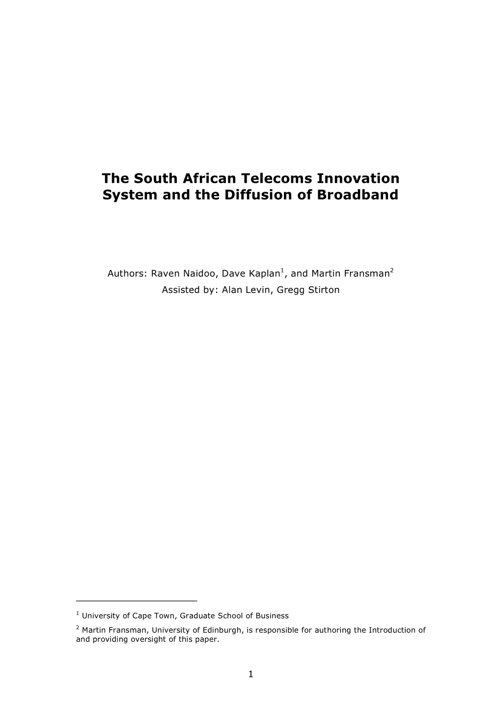 The South African Telecoms Innovation System and the Diffusion of Broadband