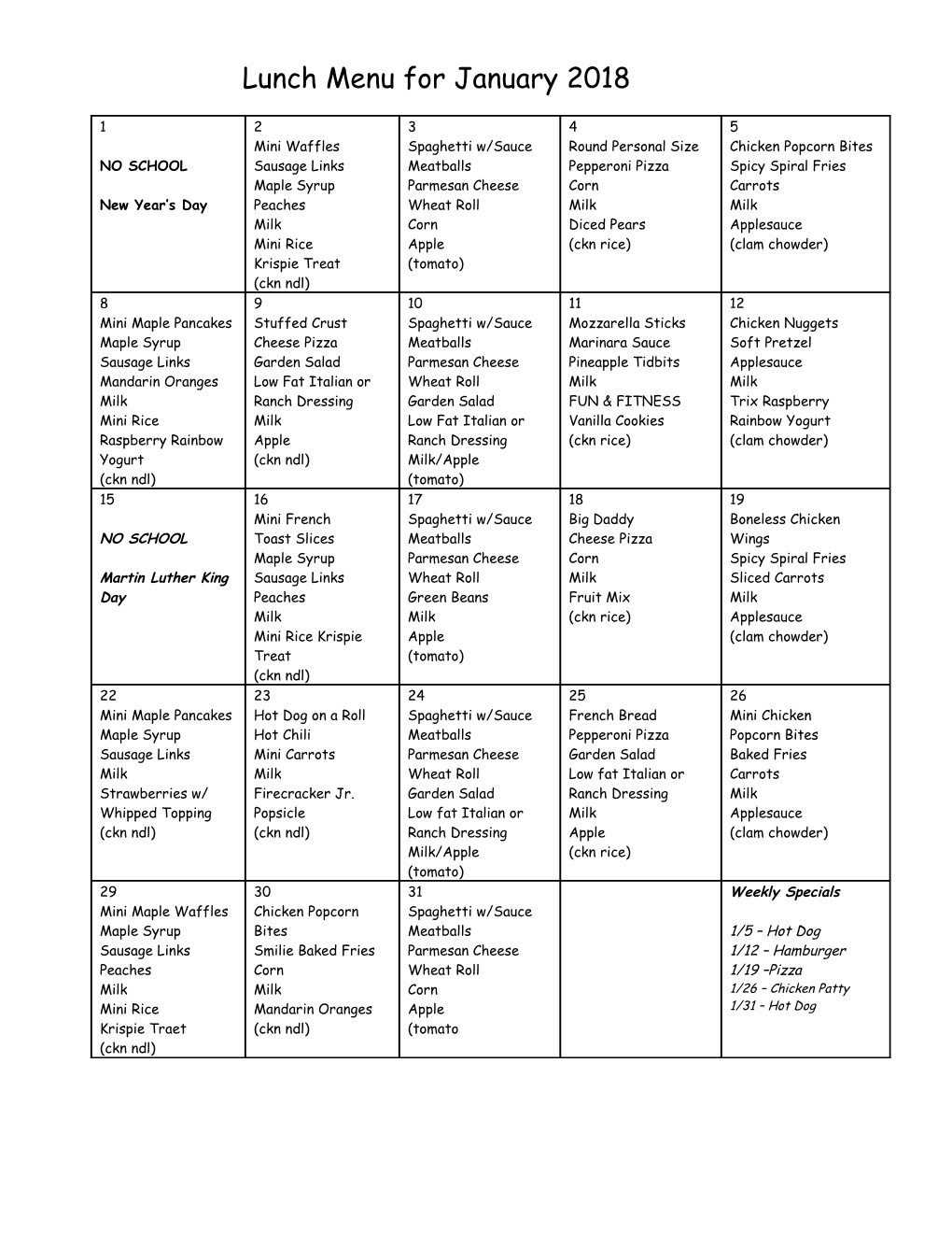 Lunch Menu for January 2018