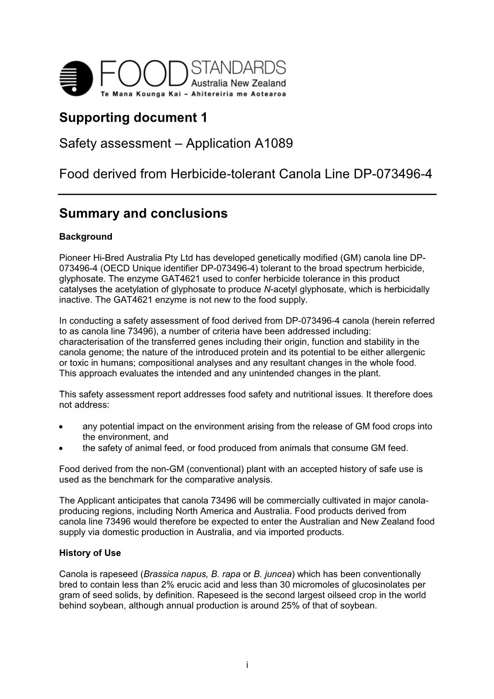 Application A1089 Food Derived from Herbicide-Tolerant Canola Line DP