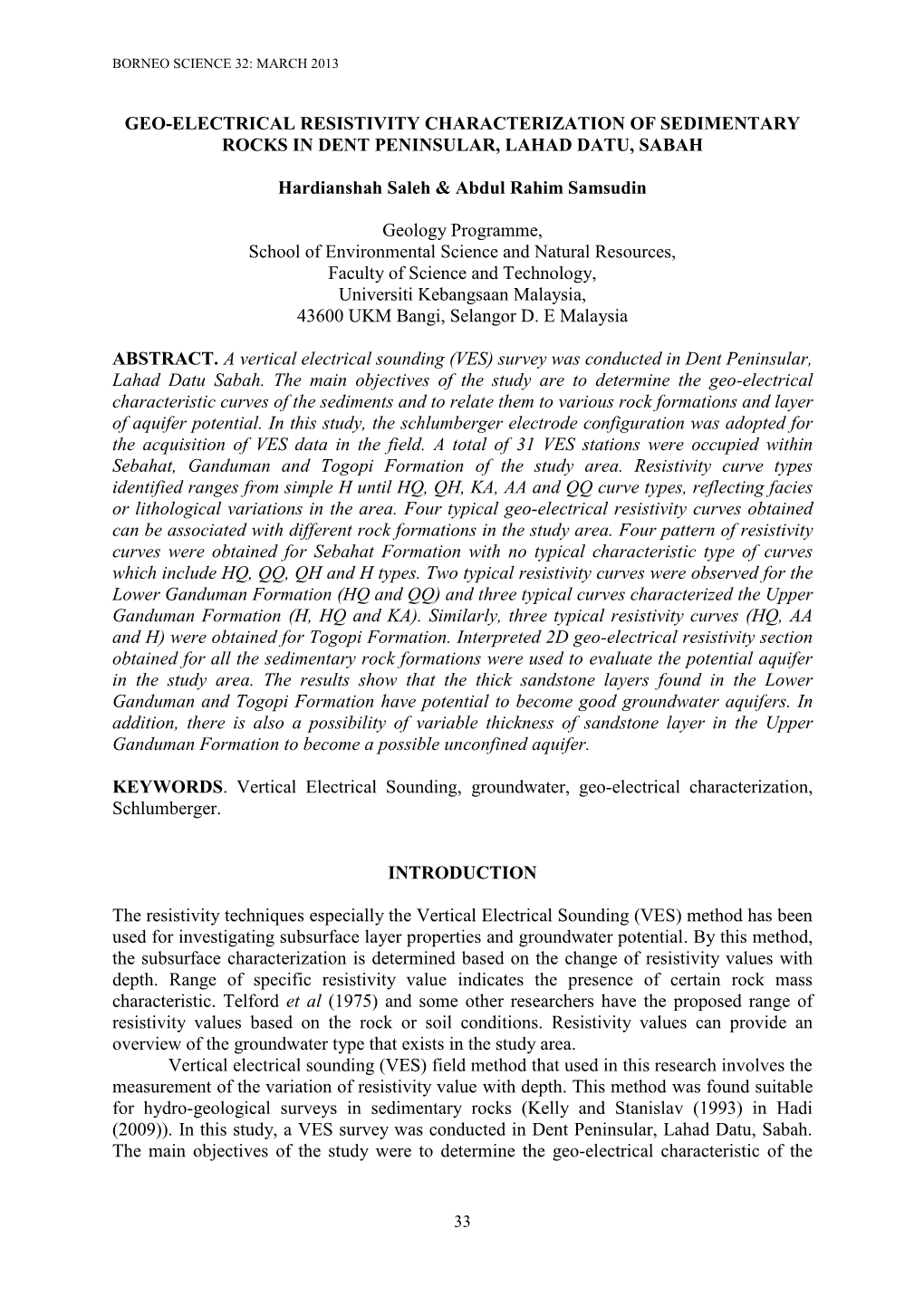 Geo-Electrical Resistivity Characterization of Sedimentary Rocks in Dent Peninsular, Lahad Datu, Sabah