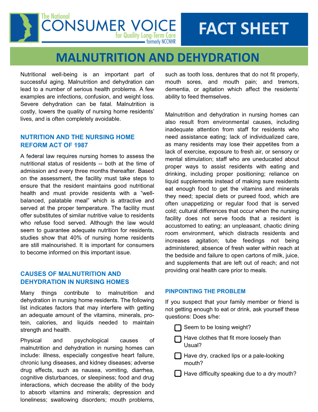 Malnutrition and Dehydration Fact Sheet
