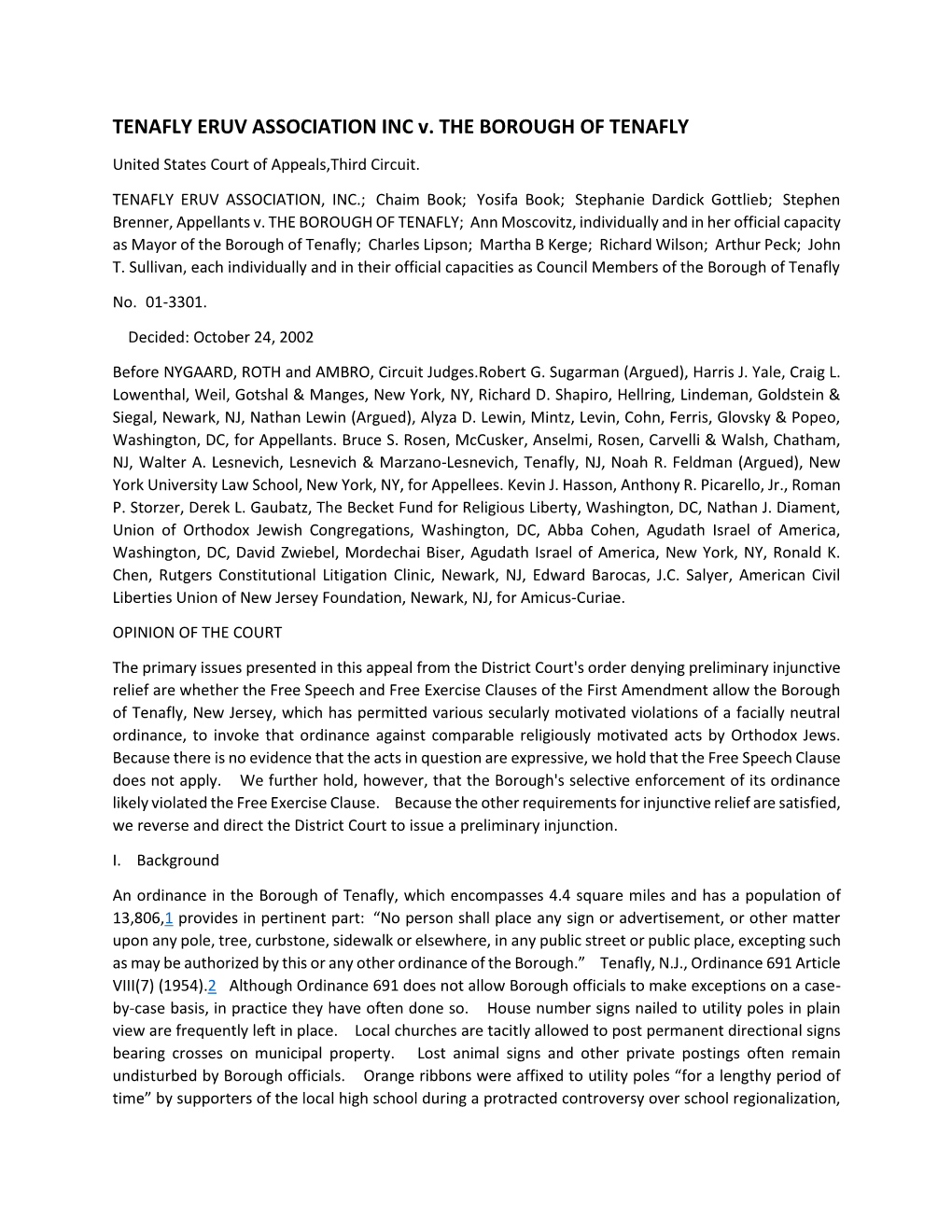 TENAFLY ERUV ASSOCIATION INC V. the BOROUGH of TENAFLY