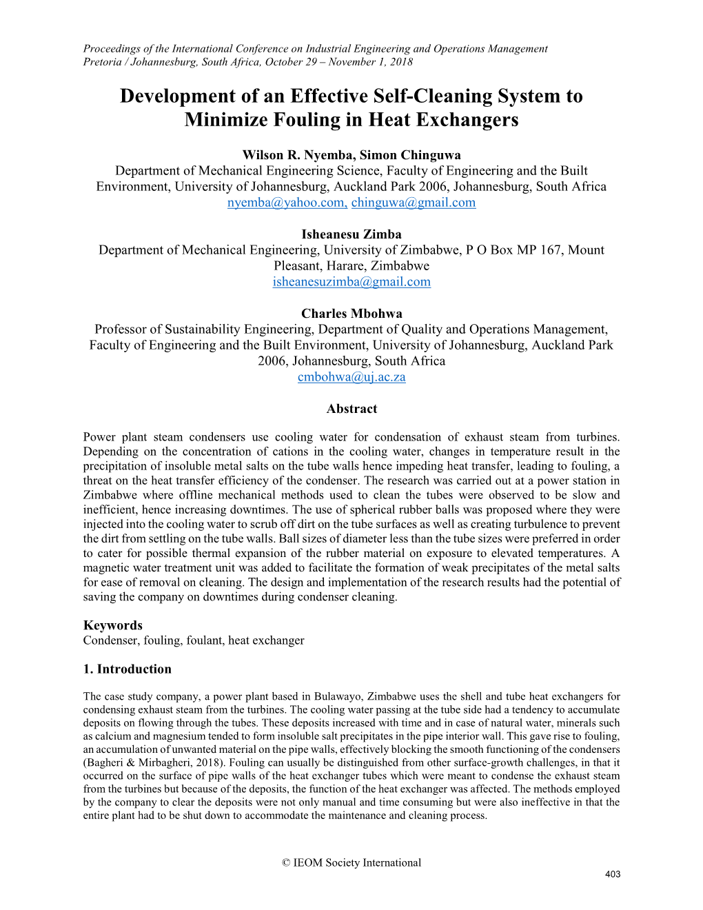 ID 118 Development of an Effective Self-Cleaning System to Minimize