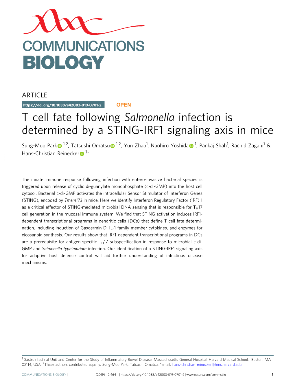 T Cell Fate Following Salmonella Infection Is Determined by a STING-IRF1 Signaling Axis in Mice
