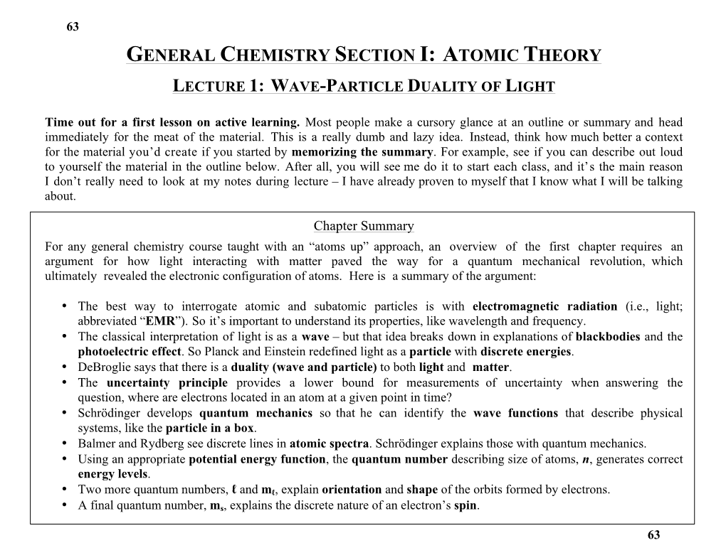 General Chemistry Section I: Atomic Theory