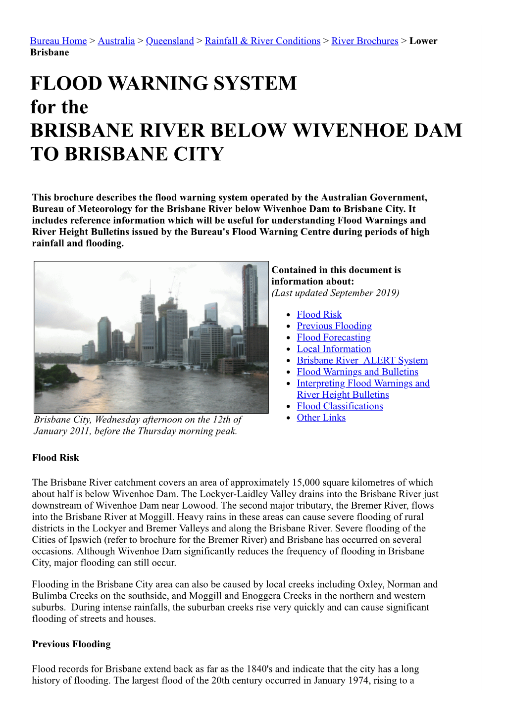 FLOOD WARNING SYSTEM for the BRISBANE RIVER BELOW WIVENHOE DAM to BRISBANE CITY