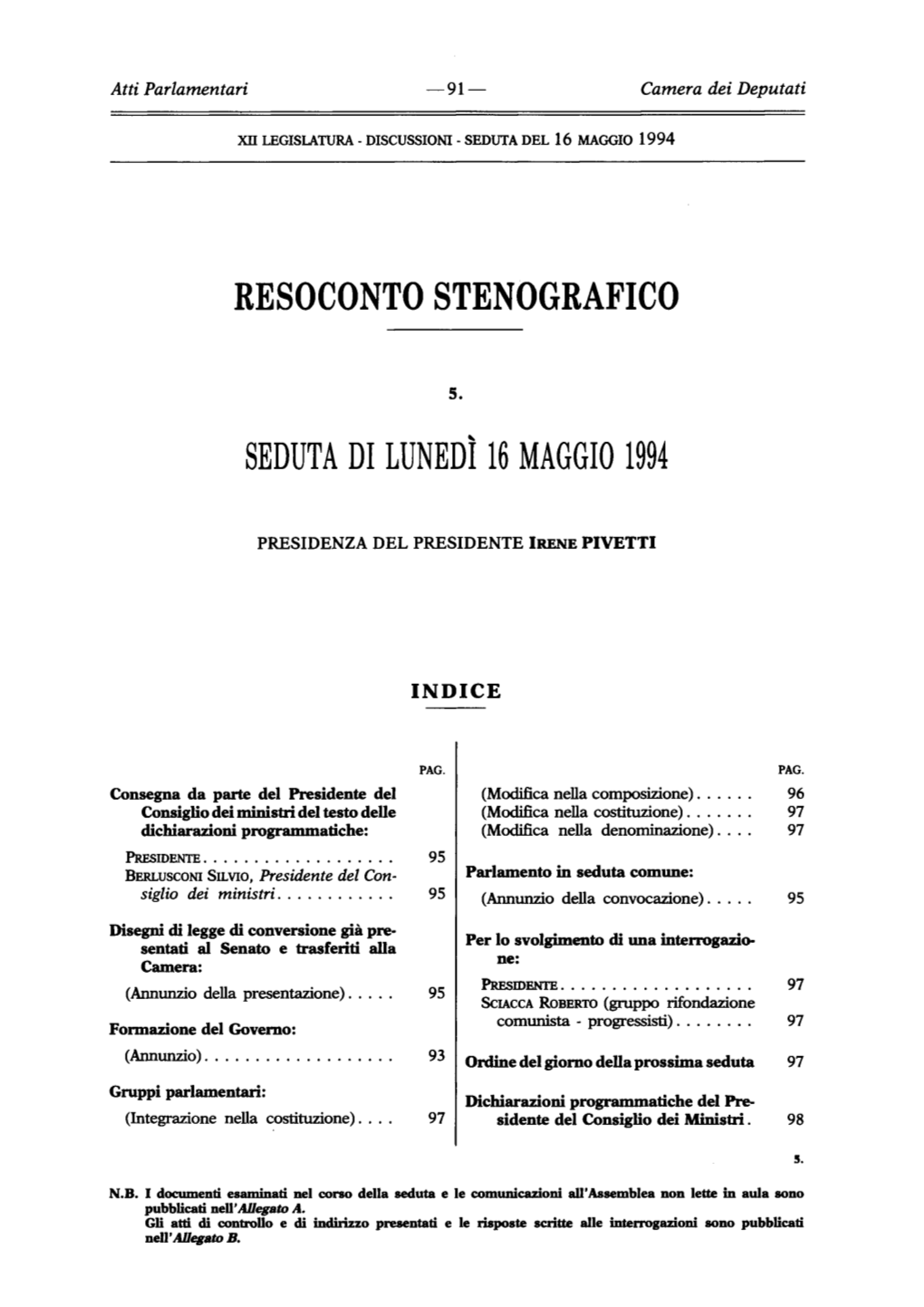 Seduta Di Lunedì 16 Maggio 1994