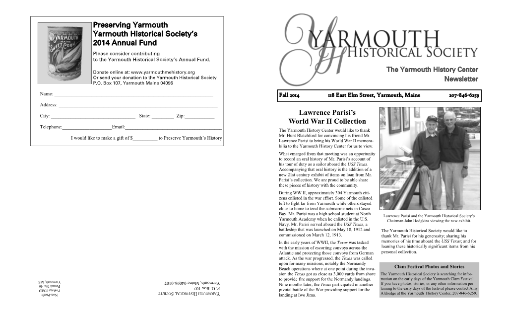 Preserving Yarmouth Yarmouth Historical Society's 2014 Annual Fund Lawrence Parisi's World War II Collection