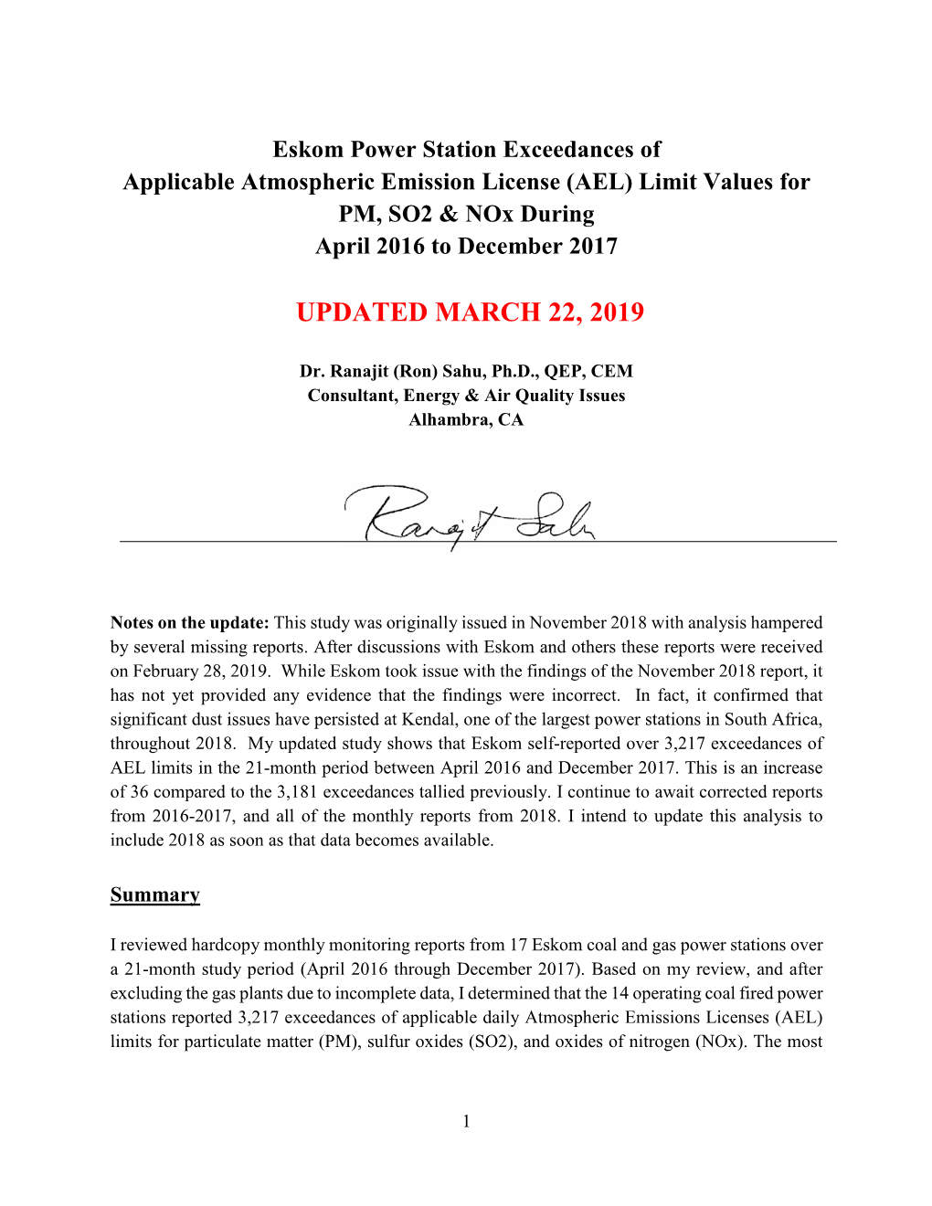 Assessment of Eskom Power Station Exceedances of Applicable