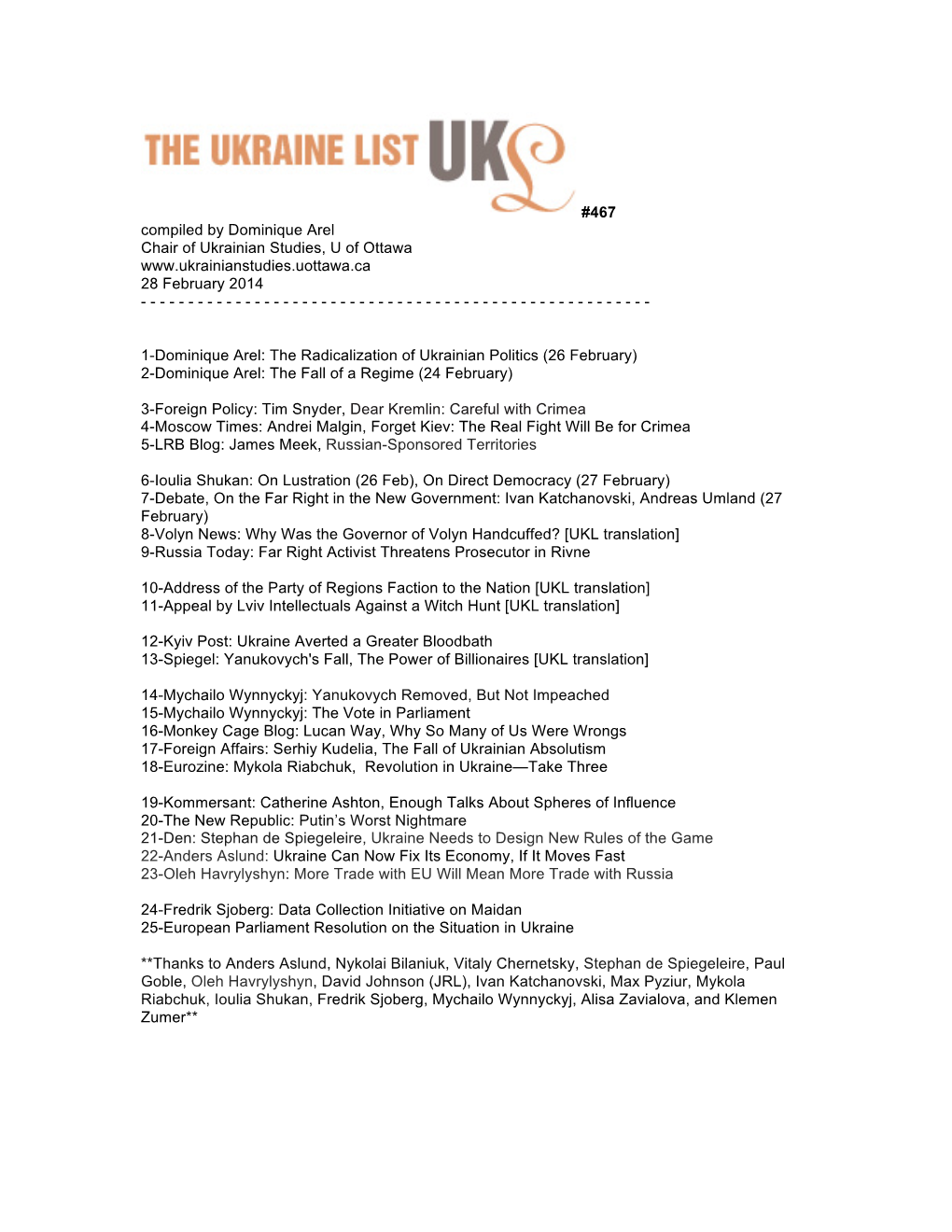 467 Compiled by Dominique Arel Chair of Ukrainian Studies, U of Ottawa 28 February 2014