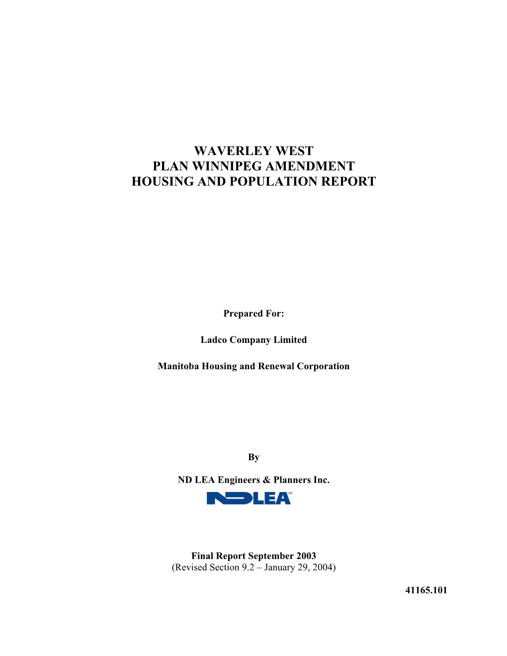Waverley West Plan Winnipeg Amendment Housing and Population Report