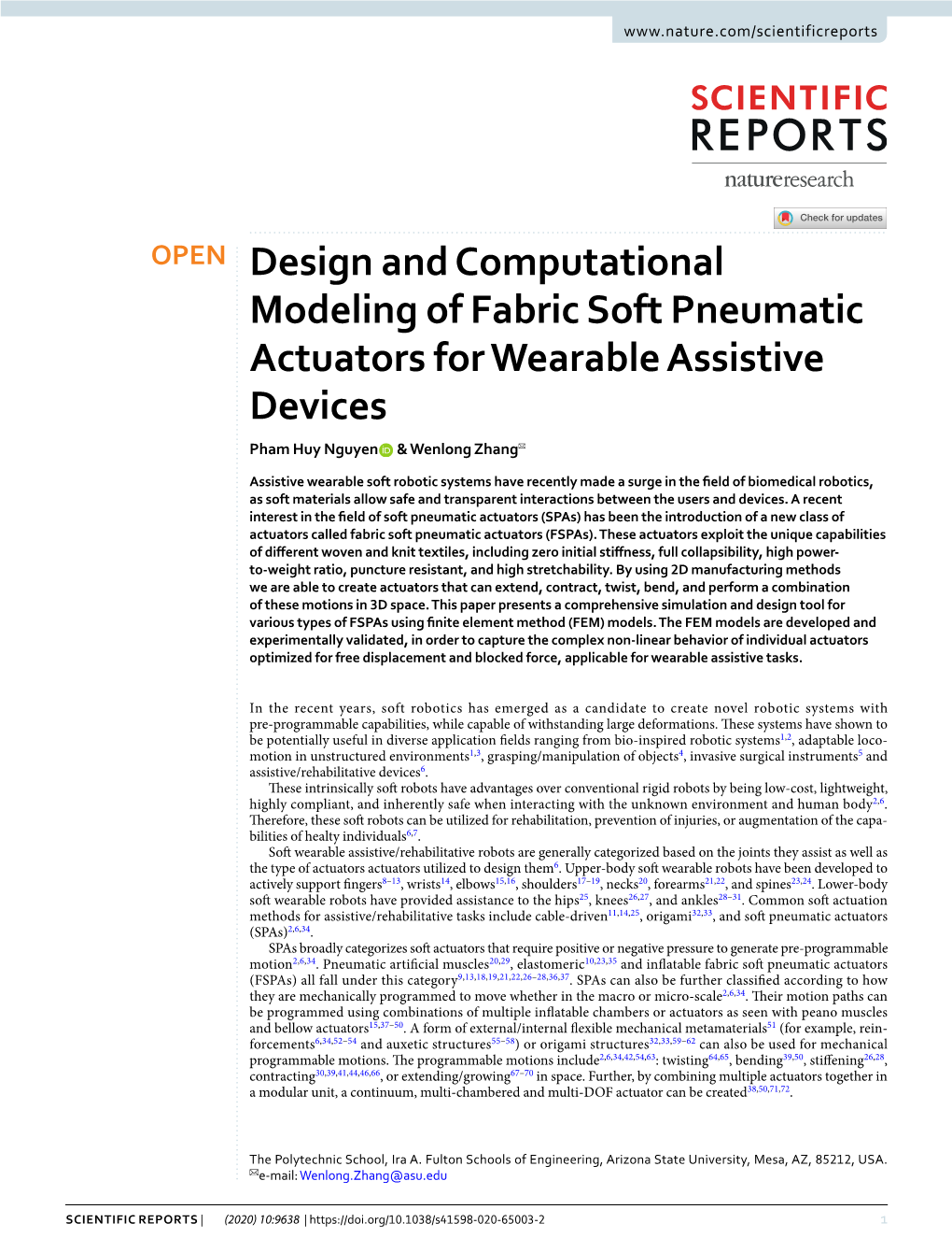 Design and Computational Modeling of Fabric Soft Pneumatic Actuators for Wearable Assistive Devices Pham Huy Nguyen & Wenlong Zhang✉