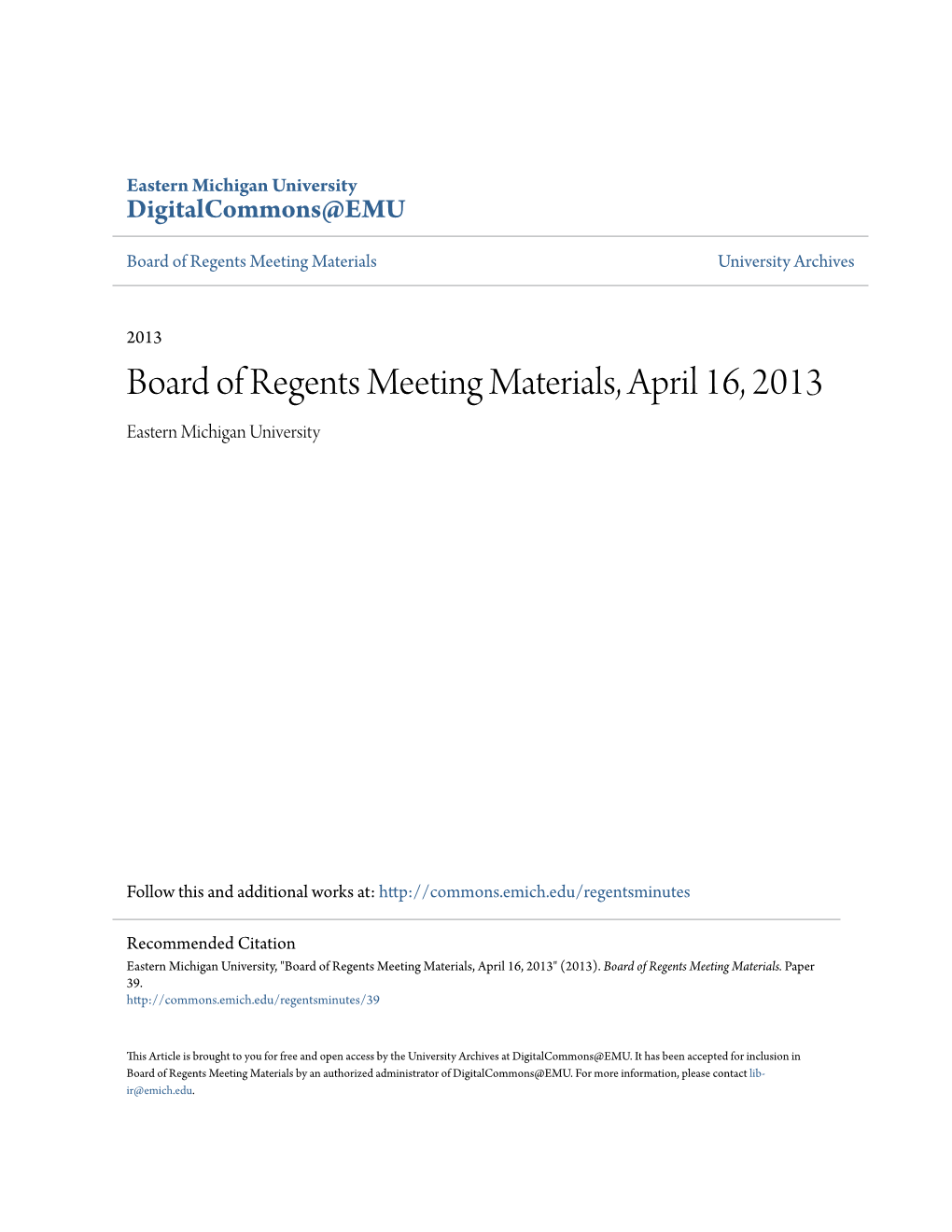 Board of Regents Meeting Materials, April 16, 2013 Eastern Michigan University