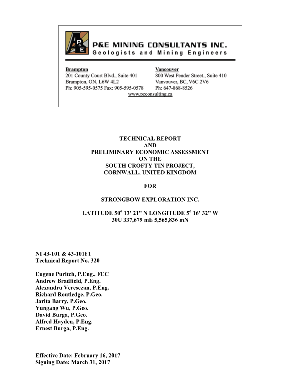 Technical Report and Preliminary Economic Assessment on the South Crofty Tin Project, Cornwall, United Kingdom