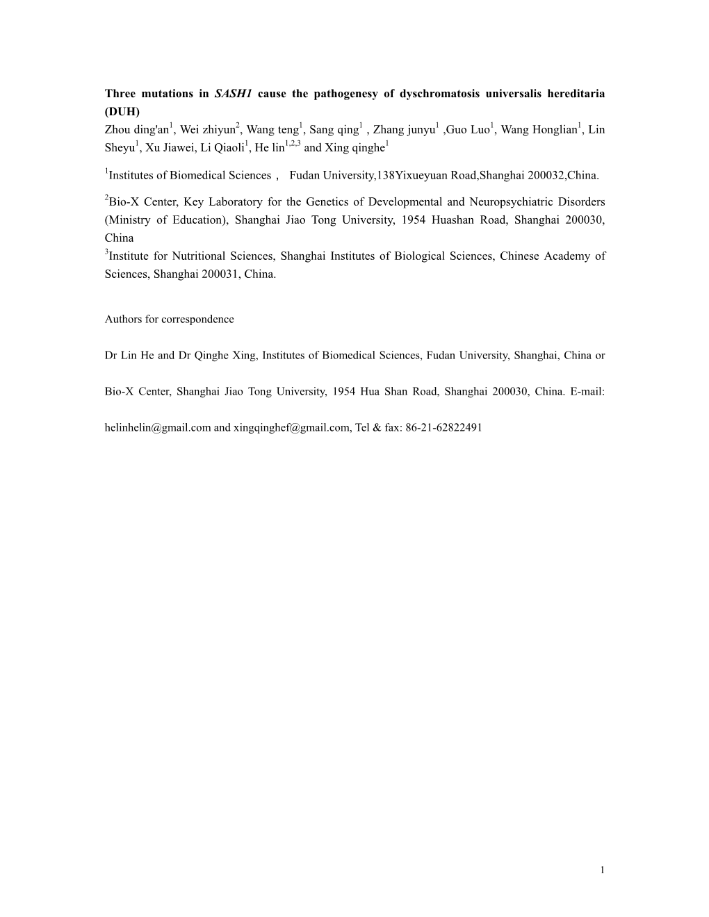 Three Mutations in SASH1 Cause the Pathogenesy Of