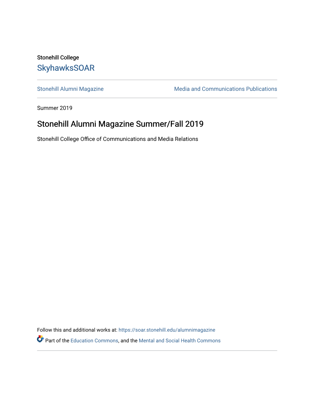 Stonehill Alumni Magazine Summer/Fall 2019