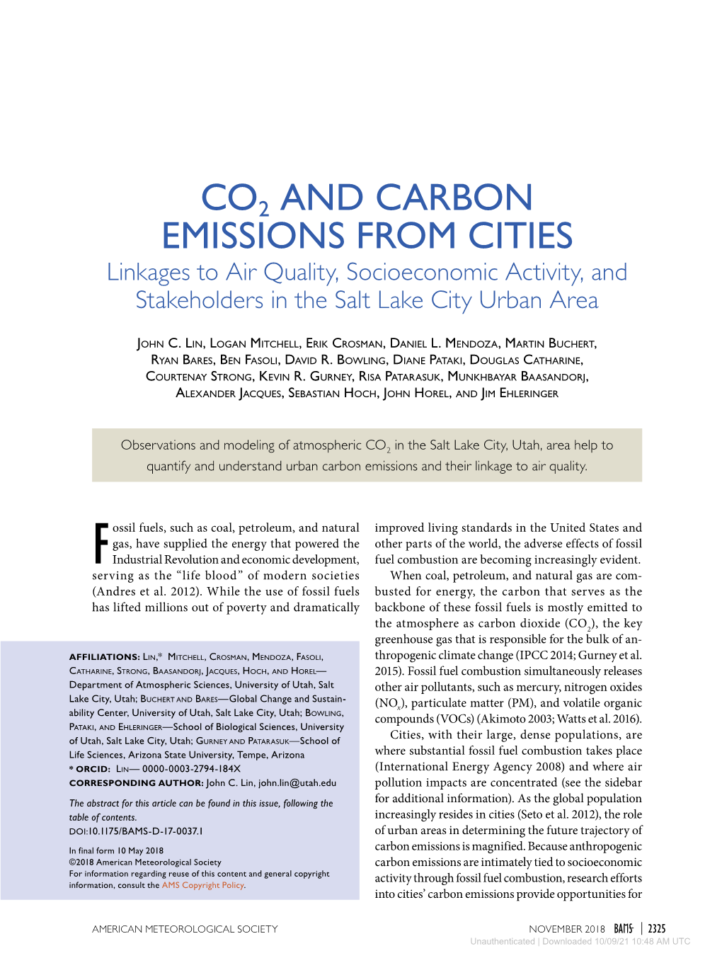 CO2 and CARBON EMISSIONS from CITIES Linkages to Air Quality, Socioeconomic Activity, and Stakeholders in the Salt Lake City Urban Area