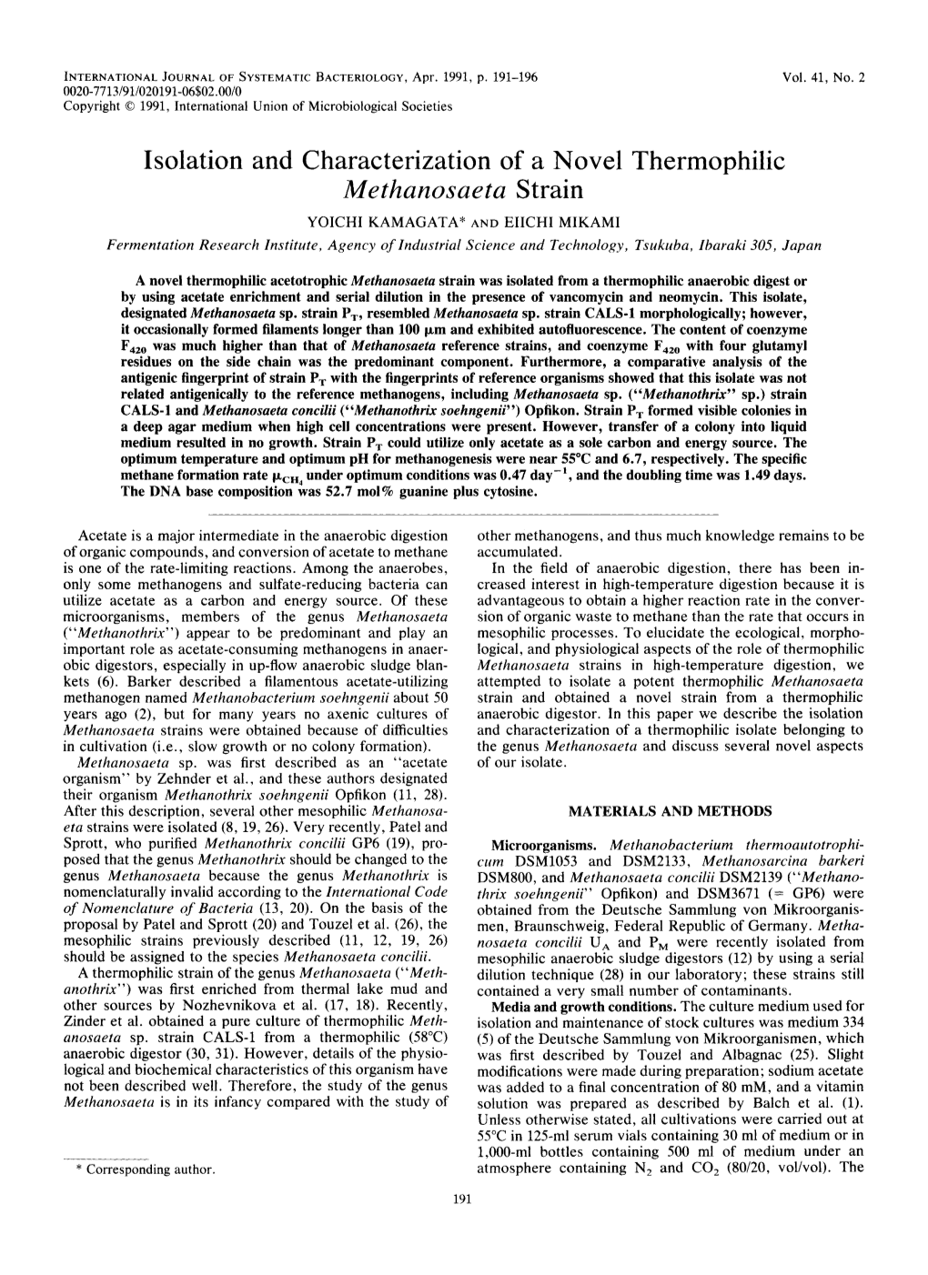 Isolation and Characterization of a Novel Thermophilic Methanosaeta