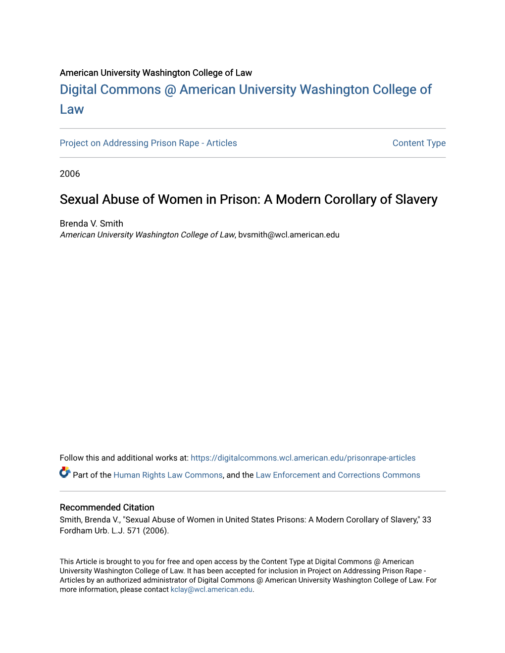 Sexual Abuse of Women in Prison: a Modern Corollary of Slavery