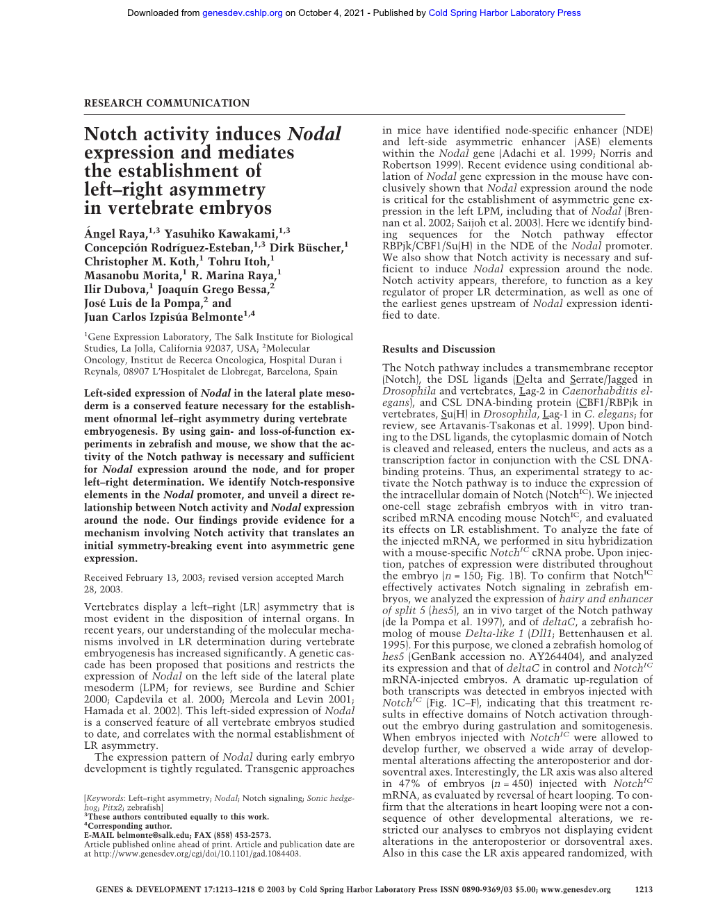 Notch Activity Induces Nodal Expression and Mediates the Establishment of Left−Right Asymmetry in Vertebrate Embryos